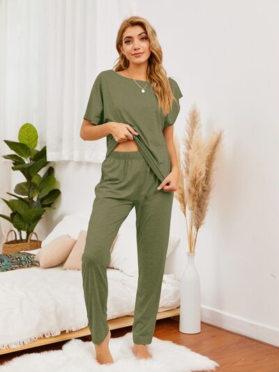 Round Neck Top and Pants Lounge Set Moss
