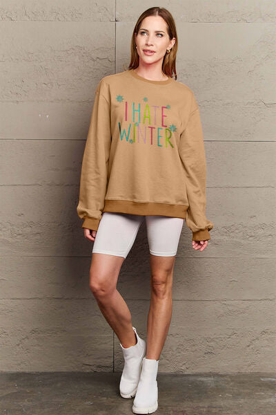 Simply Love Full Size I HATE WINTER Dropped Shoulder Sweatshirt Camel