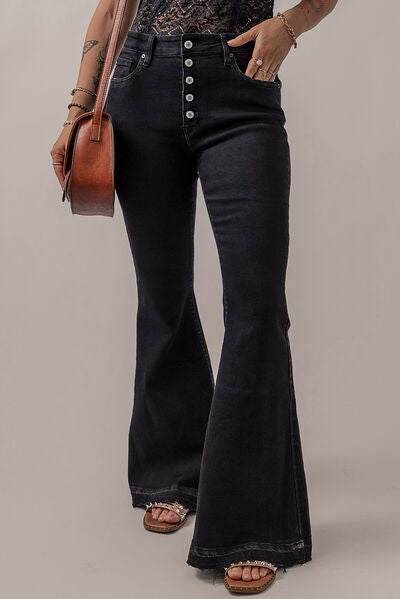 Button-Fly Flare Jeans with Pockets Dark