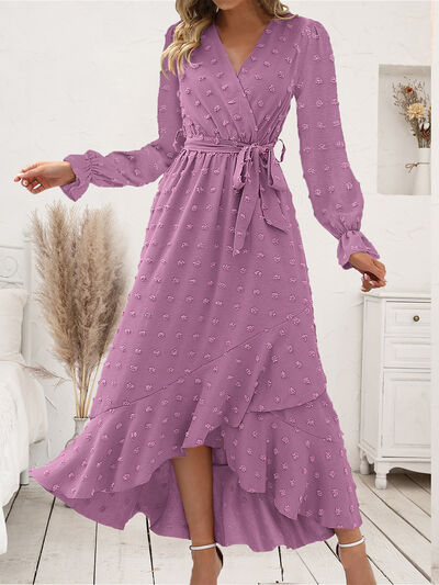 Swiss Dot Tie Waist Flounce Sleeve Dress Lilac