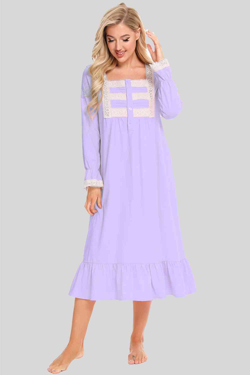 Lace Detail Square Neck Flounce Sleeve Night Dress Lavender