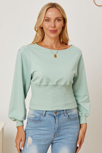 Boat Neck Lantern Sleeve Blouse Sage