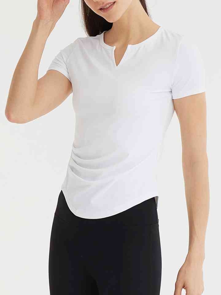 Notched Neck Short Sleeve Active Top White