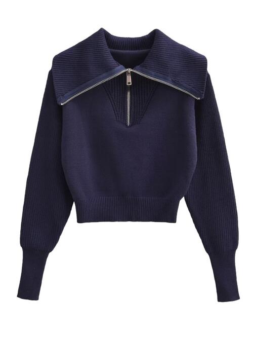 Half Zip Ribbed Collared Neck Knit Top Dark Navy