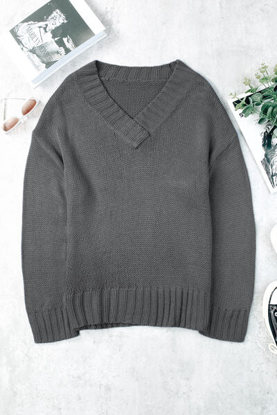 V-Neck Dropped Shoulder Sweater Charcoal