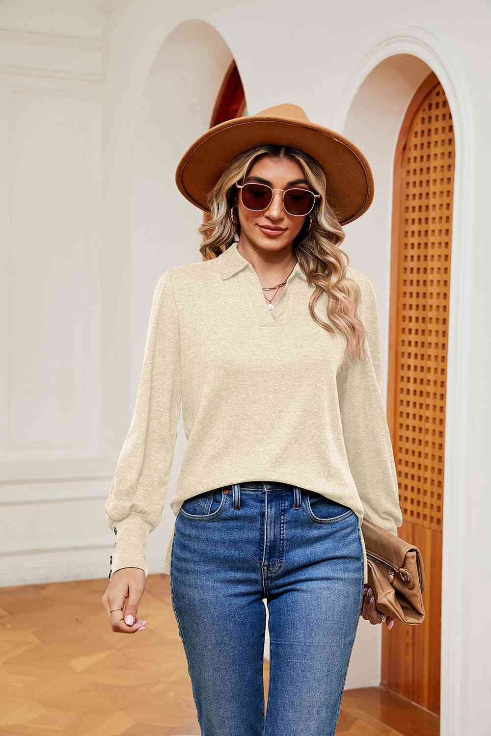 Johnny Collar Long Sleeve Top Ivory