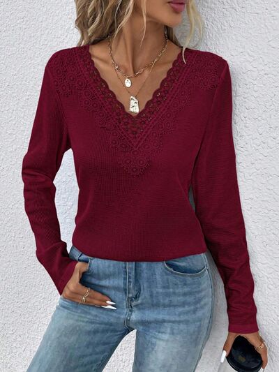 Waffle-Knit Lace Detail V-Neck Long Sleeve T-Shirt Wine