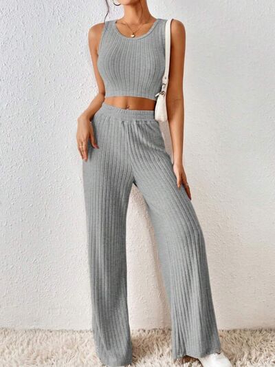 Ribbed Round Neck Tank and Pants Sweater Set Heather Gray