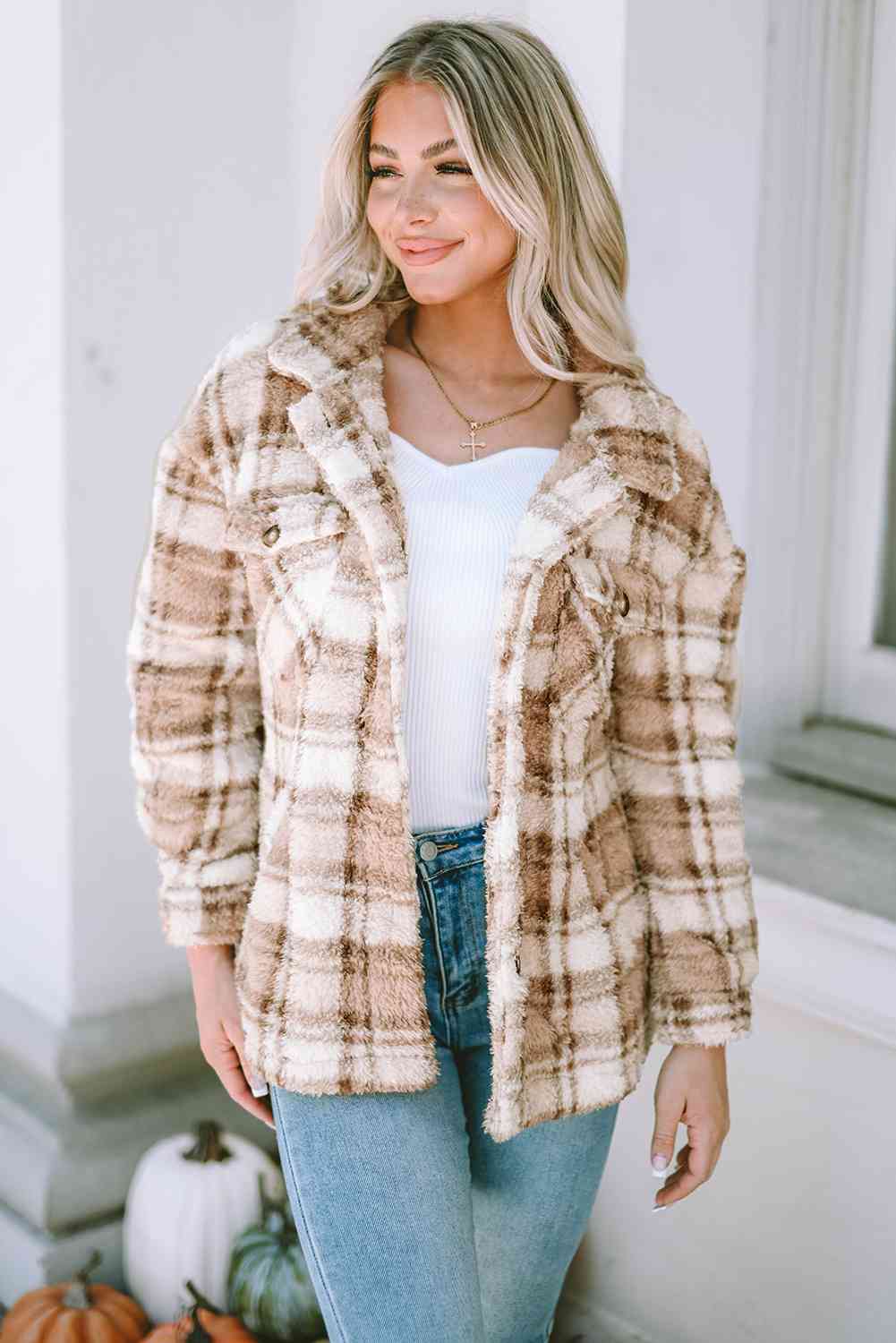 Plaid Collared Neck Jacket Tan