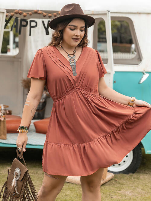 Double Take Plus Size Ruffle Hem V-Neck Short Sleeve Dress Caramel