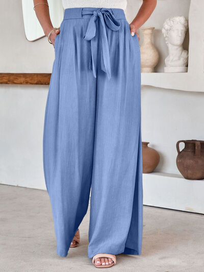 Drawstring Pocketed Wide Leg Pants Misty Blue