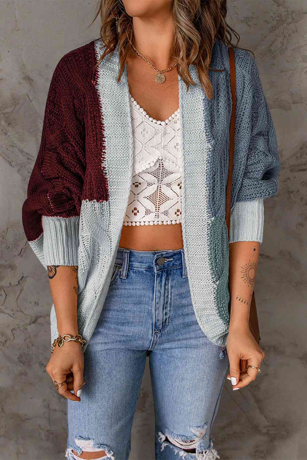 Woven Right Color Block Cable-Knit Batwing Sleeve Cardigan Wine/Steel
