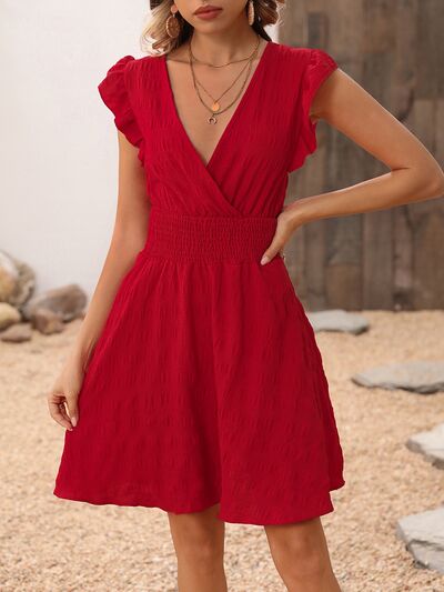 Smocked Ruffled Surplice Mini Dress Deep Red