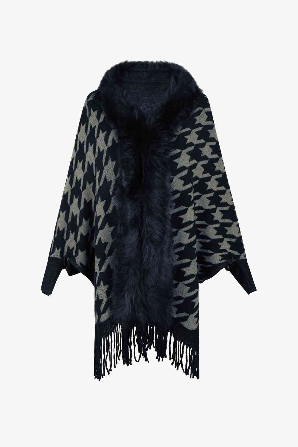 Houndstooth Fringe Hem Poncho Black One Size