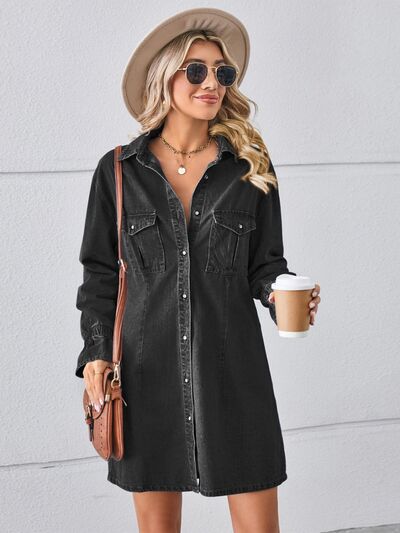 Pocketed Dropped Shoulder Mini Denim Dress Black