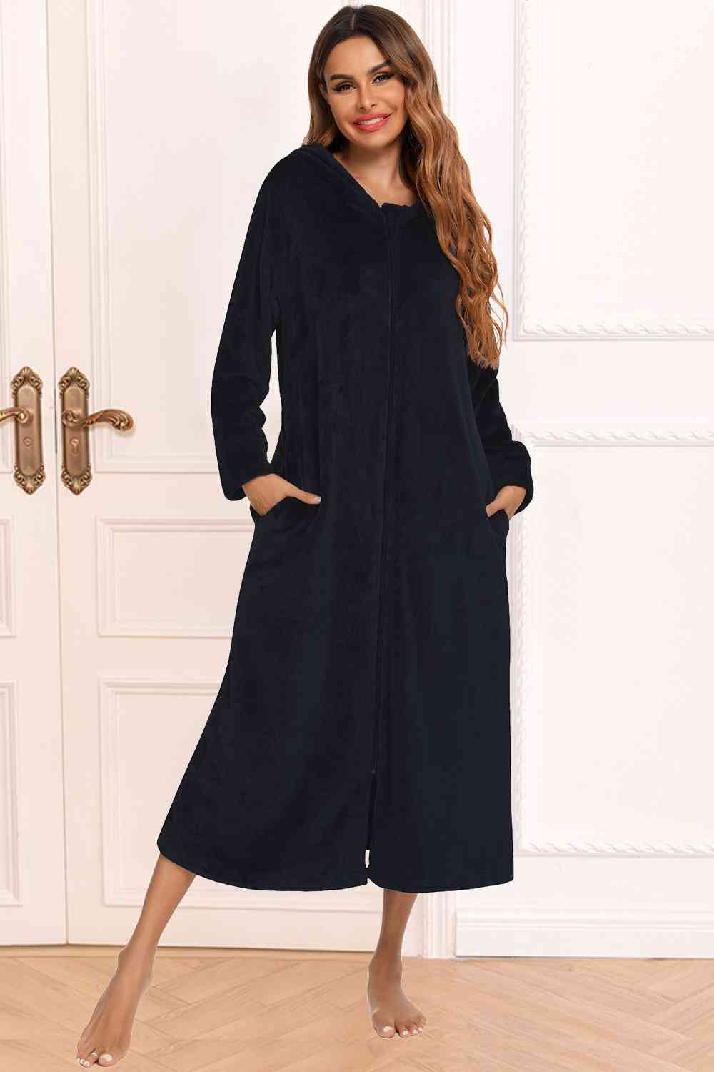Zip Front Hooded Night Dress with Pockets Black