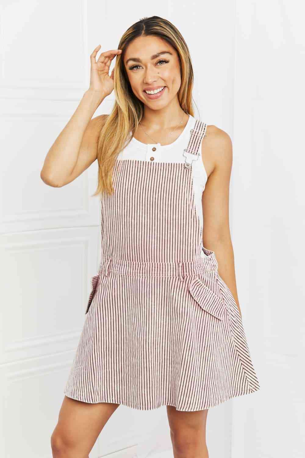 White Birch To The Park Full Size Overall Dress in Pink Stripe