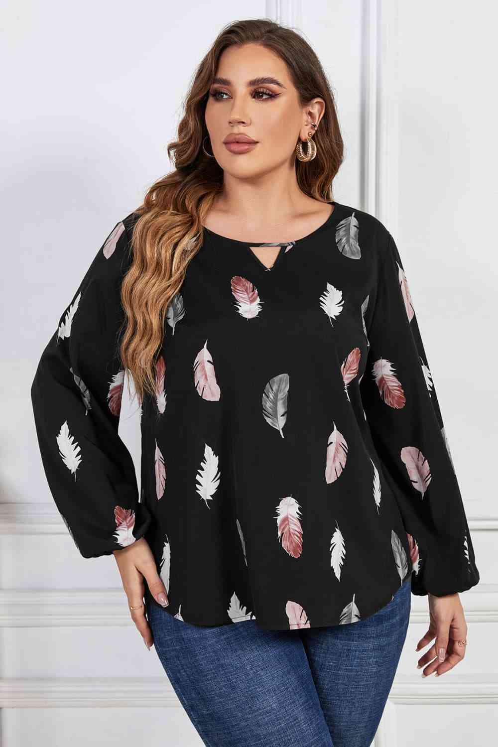 Melo Apparel Plus Size Printed Round Neck Long Sleeve Cutout Blouse Black