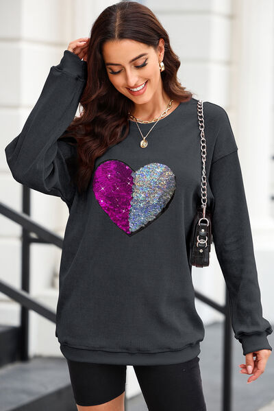 Heart Sequin Round Neck Sweatshirt Black