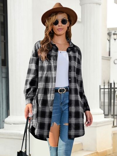 Plaid Button Up Dropped Shoulder Shirt Black