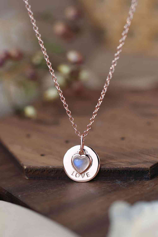 Moonstone LOVE Heart Pendant 925 Sterling Silver Necklace Rose Gold One Size