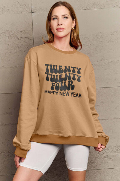 Simply Love Full Size TWENTY TWENTY FOUR HAPPY NEW YEAR Dropped Shoulder Sweatshirt Camel