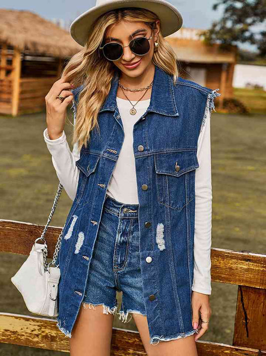 Distressed Sleeveless Denim Jacket Medium