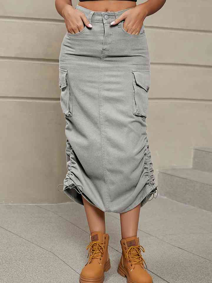 Drawstring Denim Skirt with Pockets Light Gray
