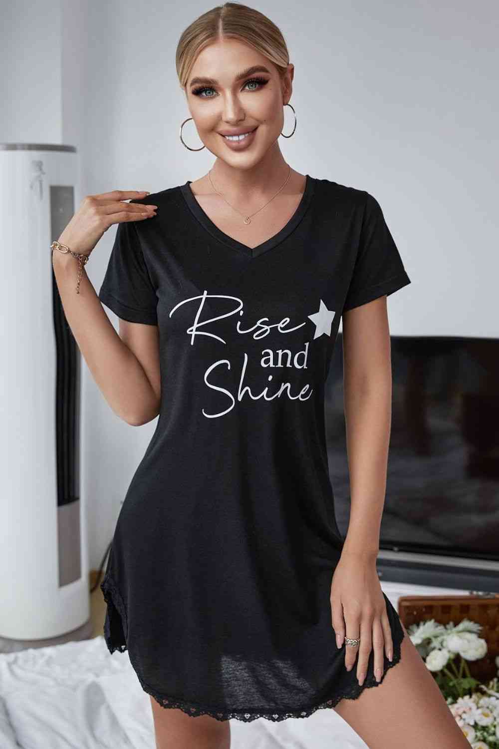 RISE AND SHINE Contrast Lace V-Neck T-Shirt Dress Black