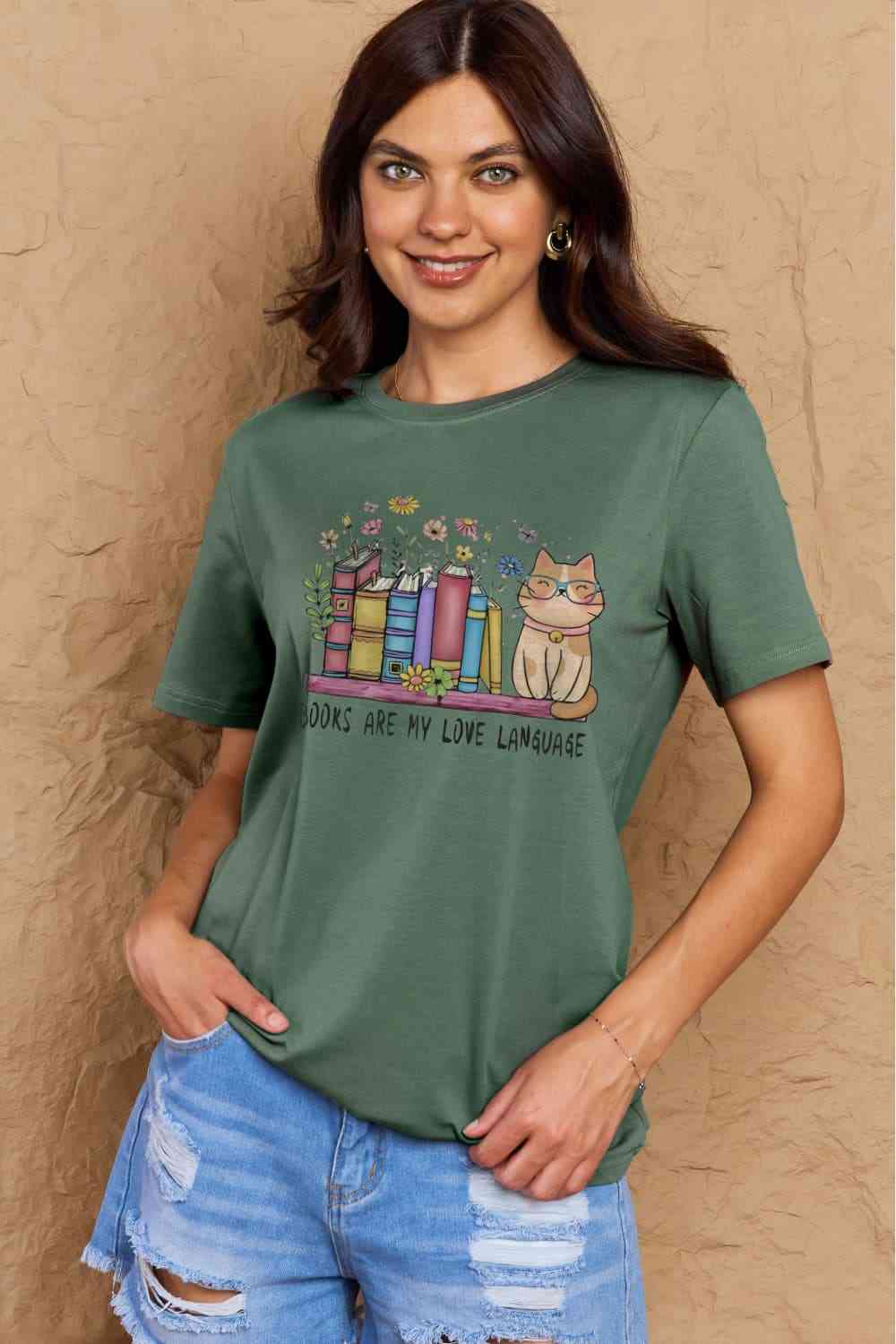 Simply Love Full Size BOOKS ARE MY LOVE LANGUAGE Graphic Cotton Tee Green