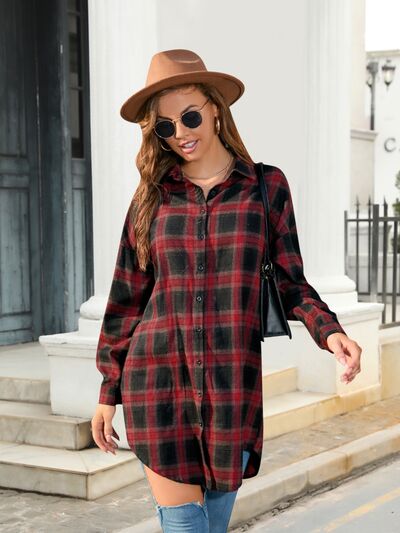 Plaid Button Up Dropped Shoulder Shirt Deep Red