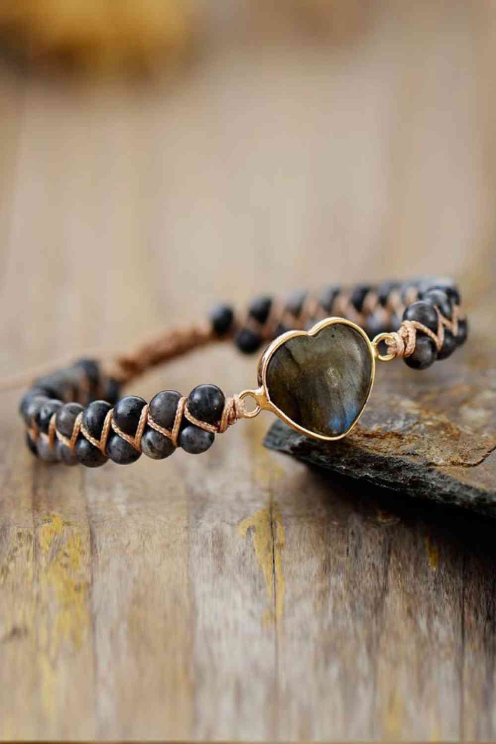 Handmade Heart Shape Natural Stone Bracelet Charcoal One Size