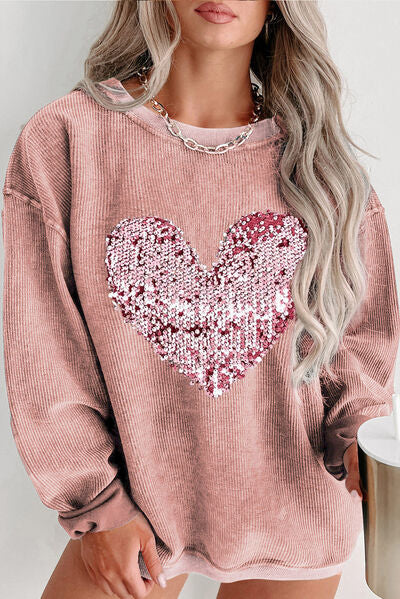 Plus Size Heart Sequin Round Neck Sweatshirt Dusty Pink