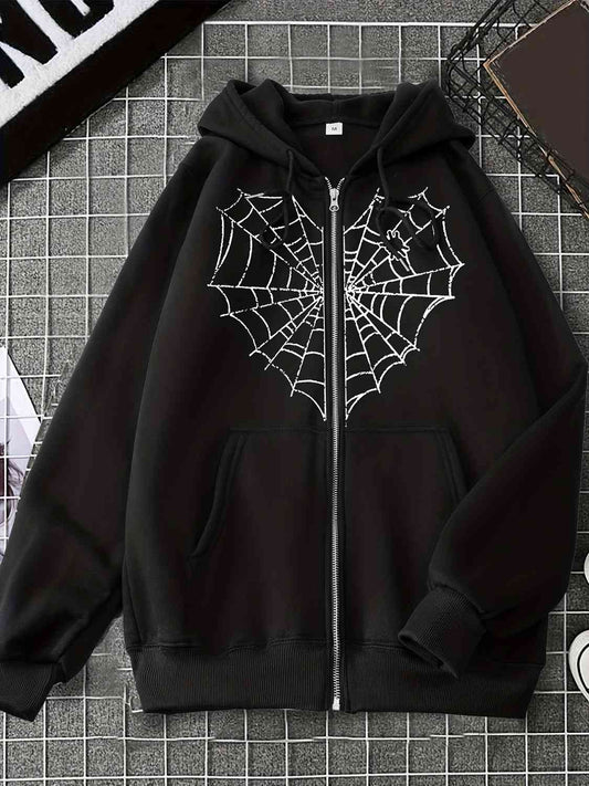 Long Sleeve Spider Net Graphic Hooded Jacket Black