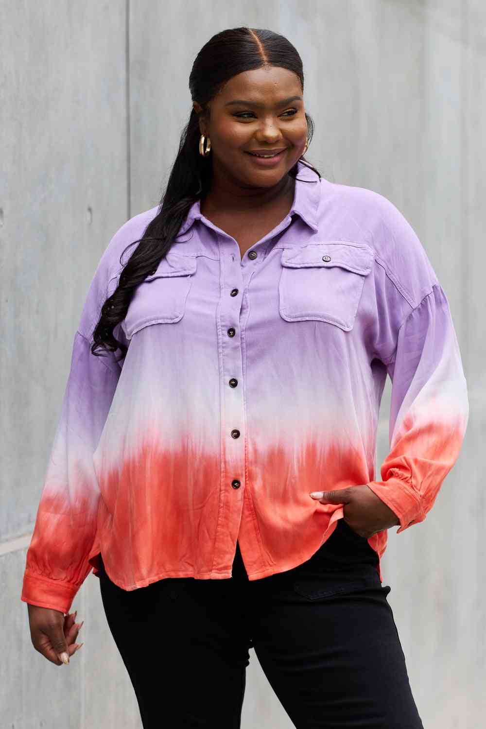 White Birch Relaxed Fit Tie-Dye Button Down Top Lavender