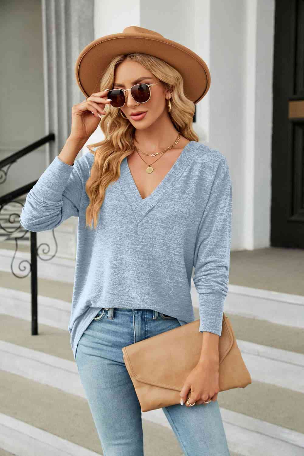 V-Neck Long Sleeve T-Shirt Misty Blue