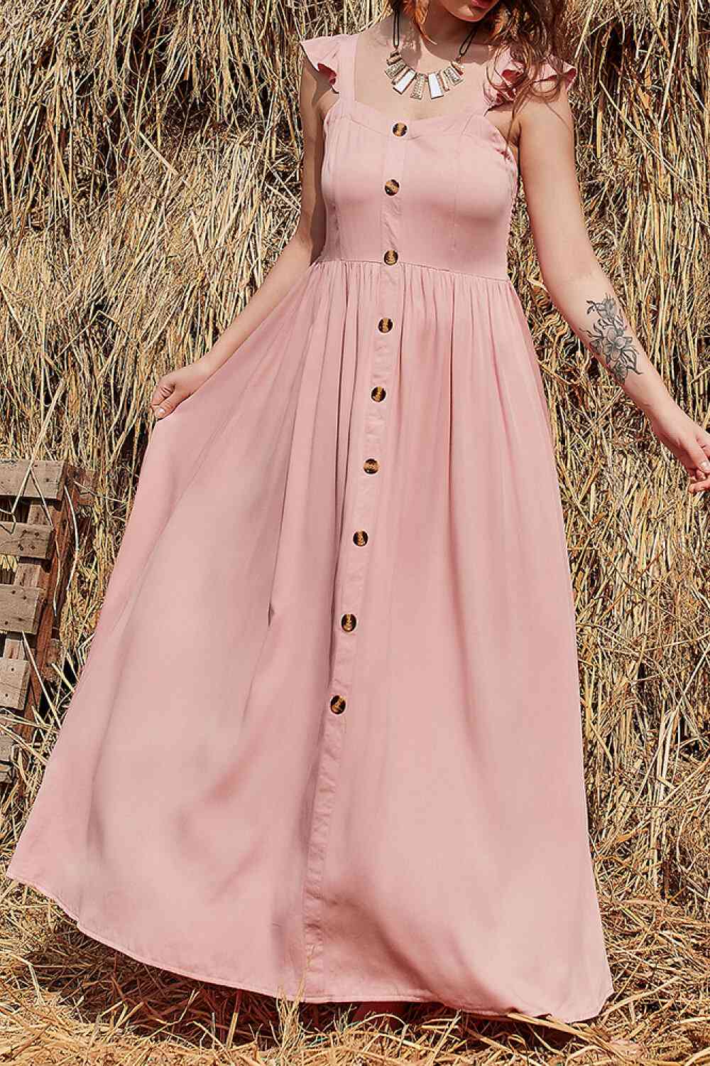 Decorative Button Ruffle Trim Smocked Maxi Dress Dusty Pink