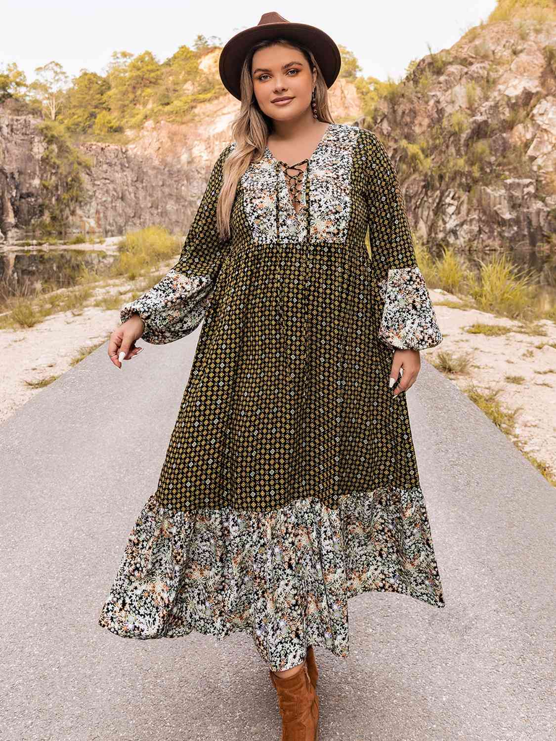 Plus Size Lace-Up Long Sleeve Dress Multicolor