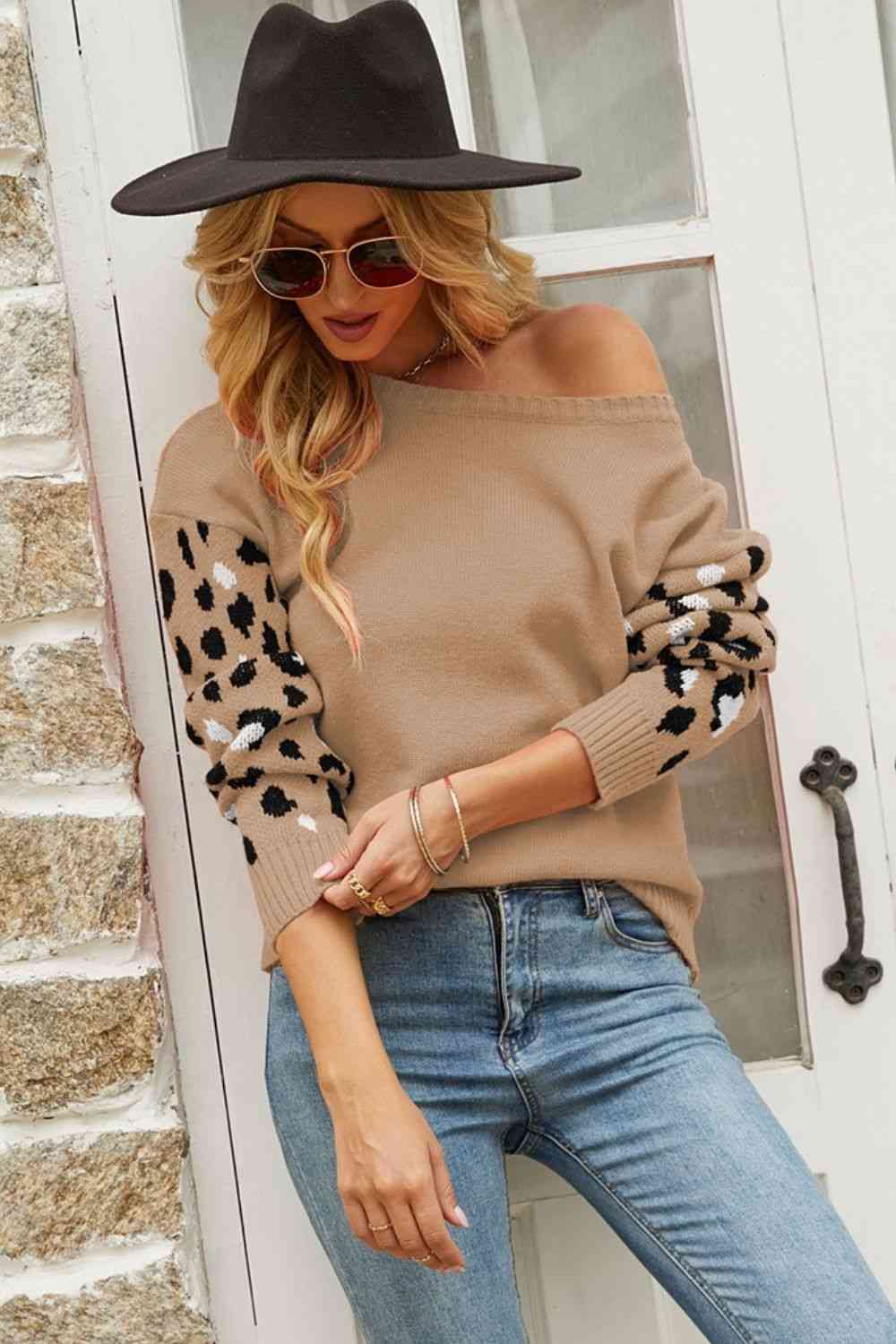 Woven Right Printed Dropped Shoulder Round Neck Sweater Tan