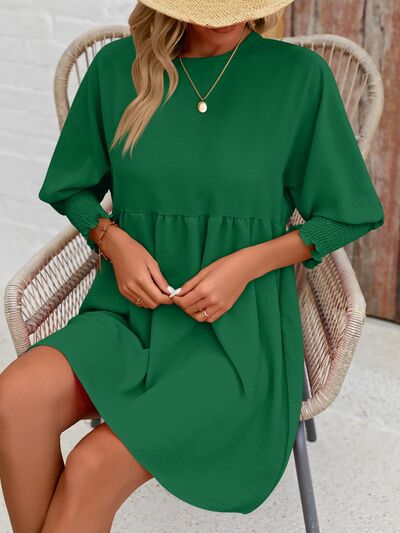 Round Neck Lantern Sleeve Mini Dress Green