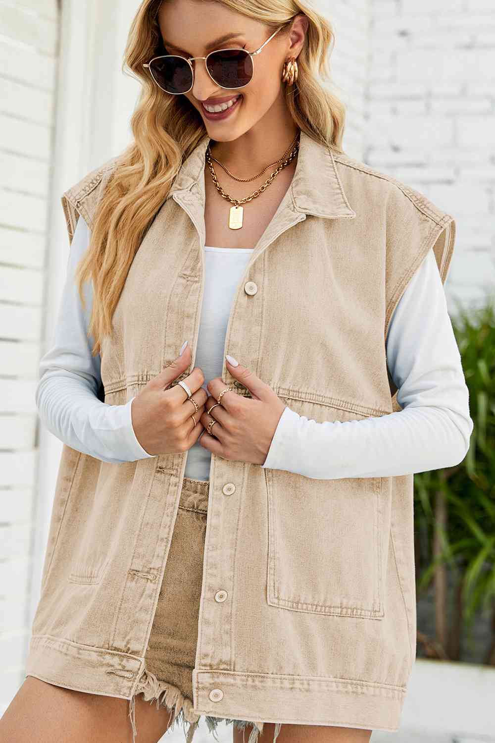 Button Down Collared Neck Denim Jacket Cream