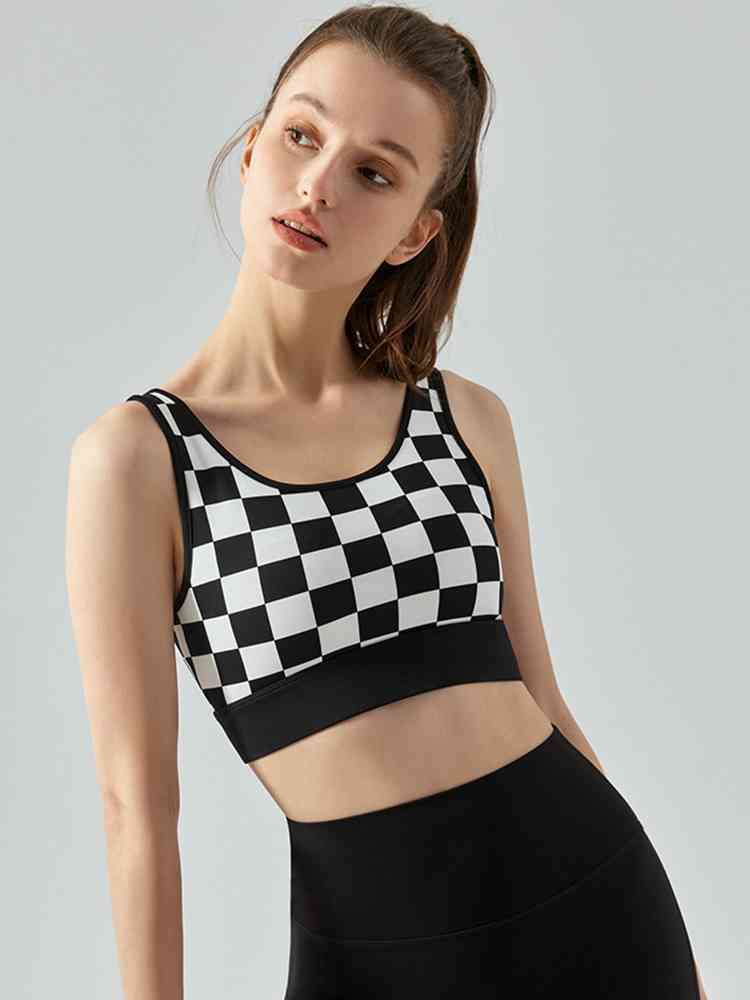 Round Neck Plaid Cropped Sports Tank Top Black