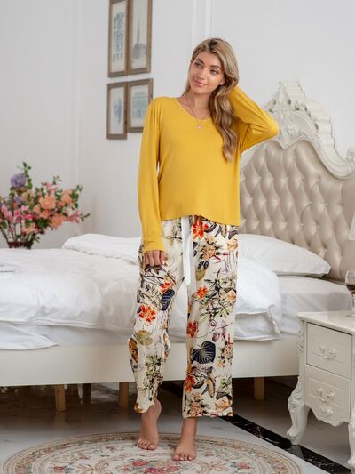 Round Neck Top and Printed Pants Lounge Set True Yellow
