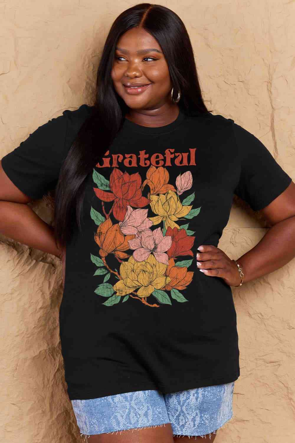 Simply Love Full Size GRATEFUL Flower Graphic Cotton T-Shirt Black