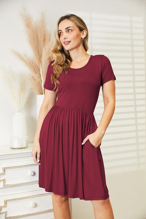 Ninexis Full Size Short Sleeve Dress with Pockets Wine