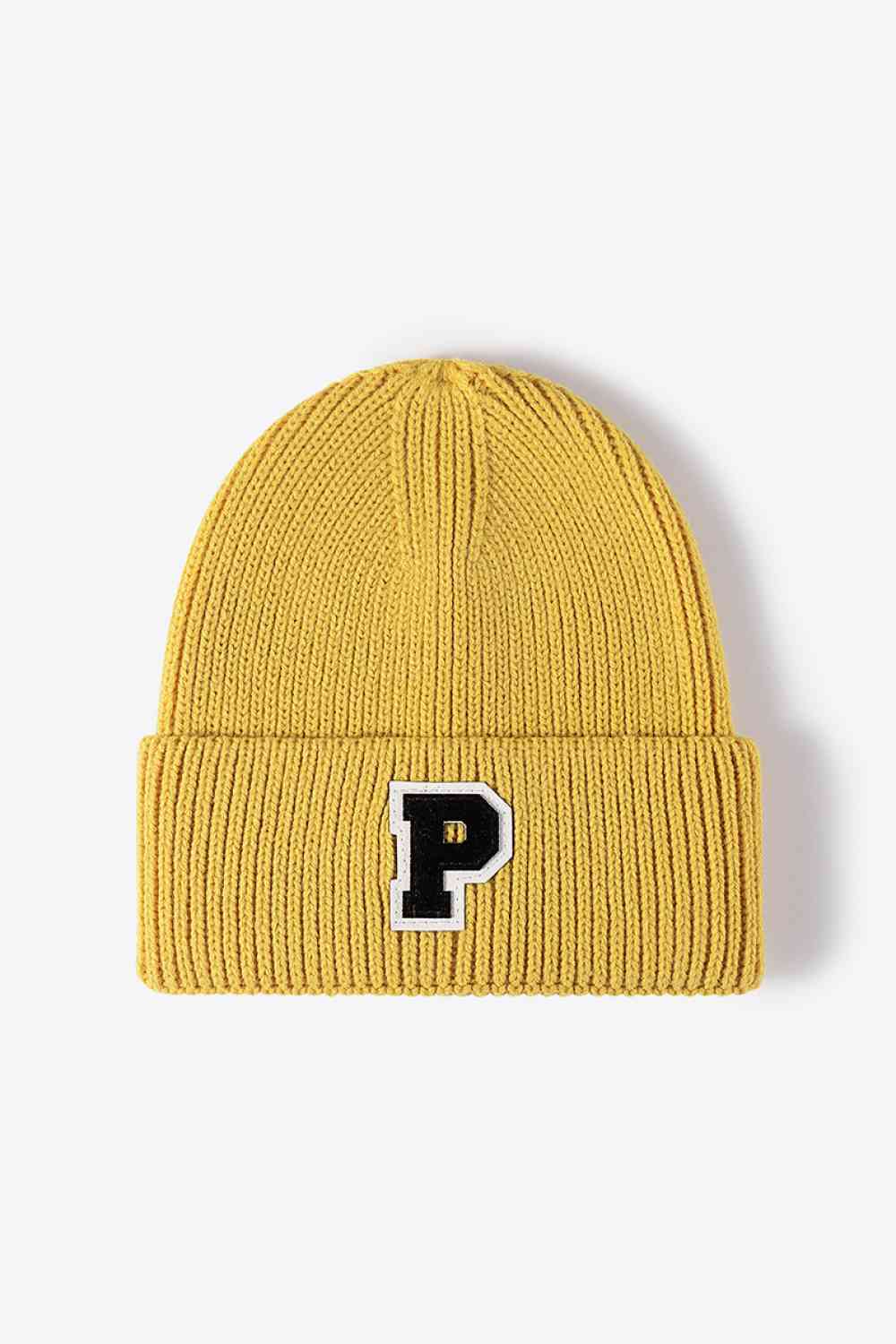 Letter Patch Cuffed Knit Beanie Yellow One Size