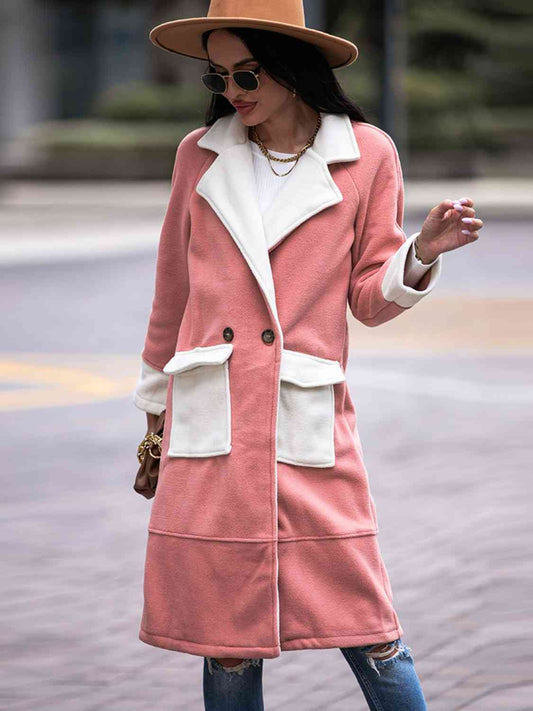 Contrast Lapel Collar Coat with Pockets Burnt Coral