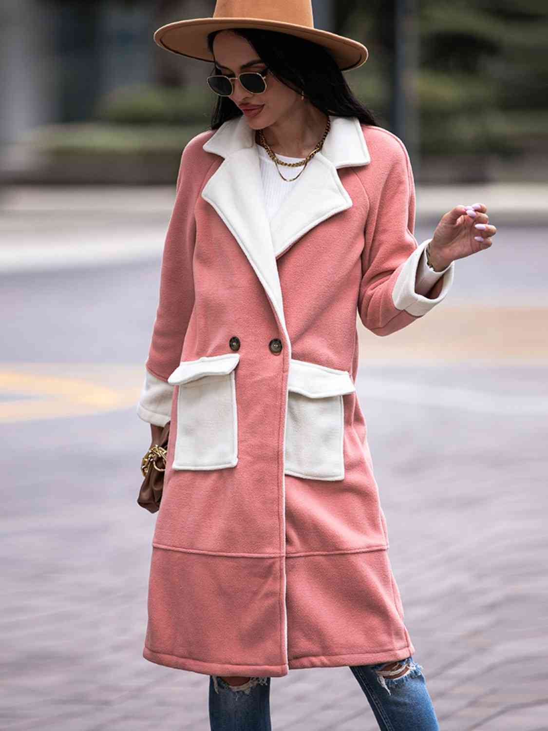 Contrast Lapel Collar Coat with Pockets