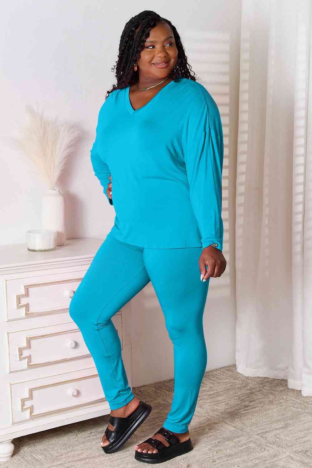 Basic Bae Full Size V-Neck Soft Rayon Long Sleeve Top and Pants Lounge Set Sky Blue