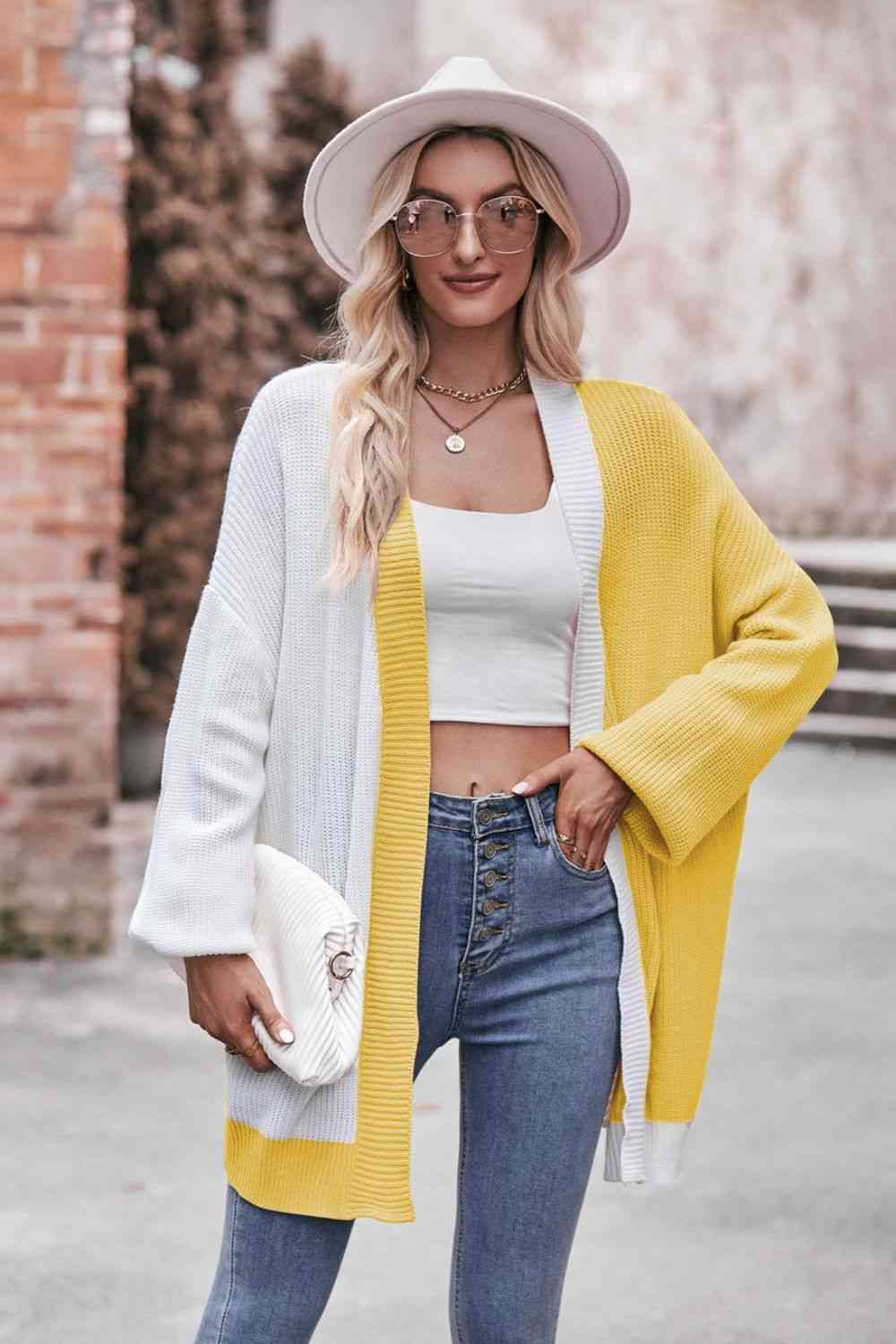 Woven Right Contrast Open Front Dropped Shoulder Longline Cardigan Banana Yellow